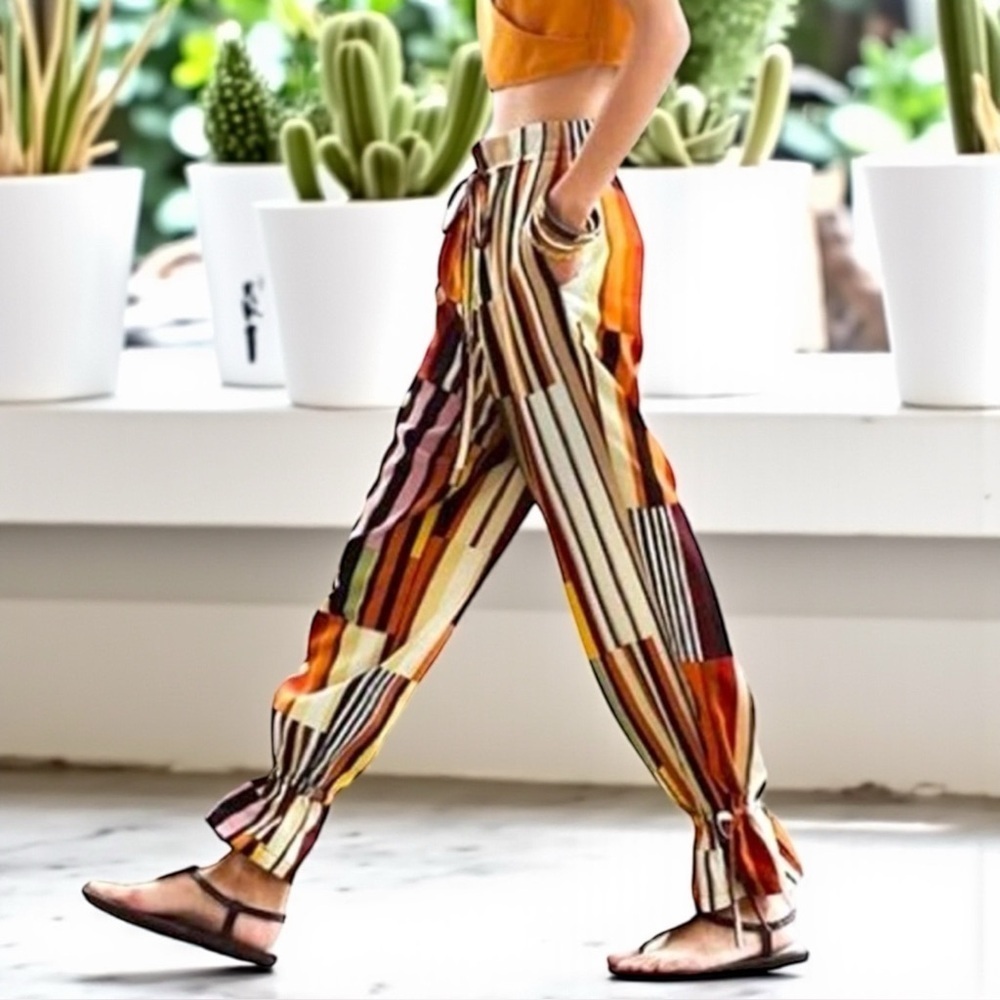 🍀2/$22 Boho Style Tie Ankle Ruffle Hem Striped High Rise Womens Pants Large
